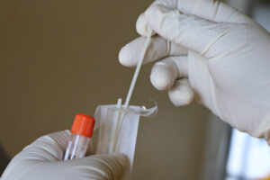 Person with gloved hands holding swab and test tube